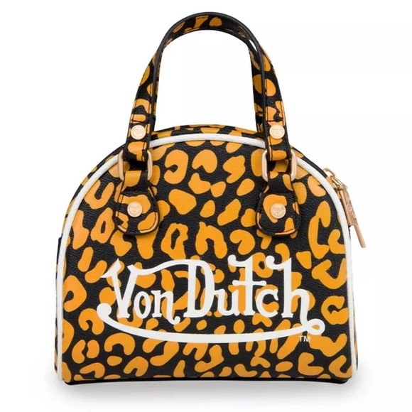 Von Dutch Handbags - Von Dutch Orange/Apricot Crushblack Cheetah Small Bowling Bag/Purse/Hand Bag NEW